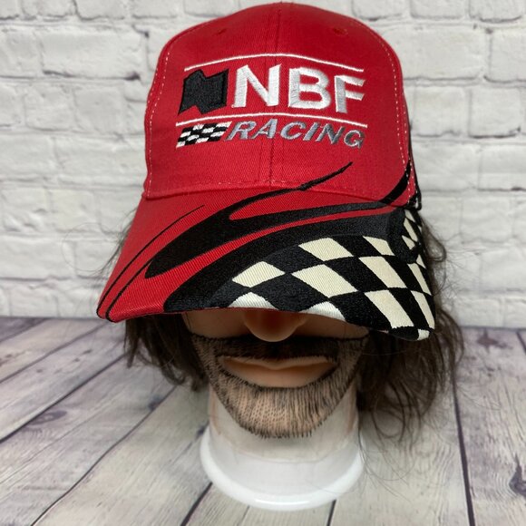 Racing Hat Cap Strap Back Red Youth Size NBF Racing Embroidered Checkered Flag - Picture 1 of 7